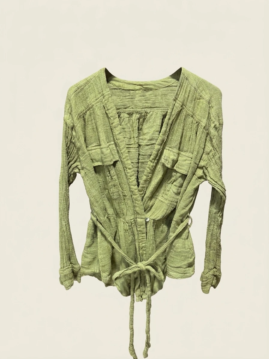 Free People Green Crinkled Wrap Blouse