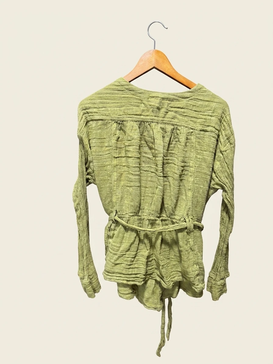 Free People Green Crinkled Wrap Blouse photo 2
