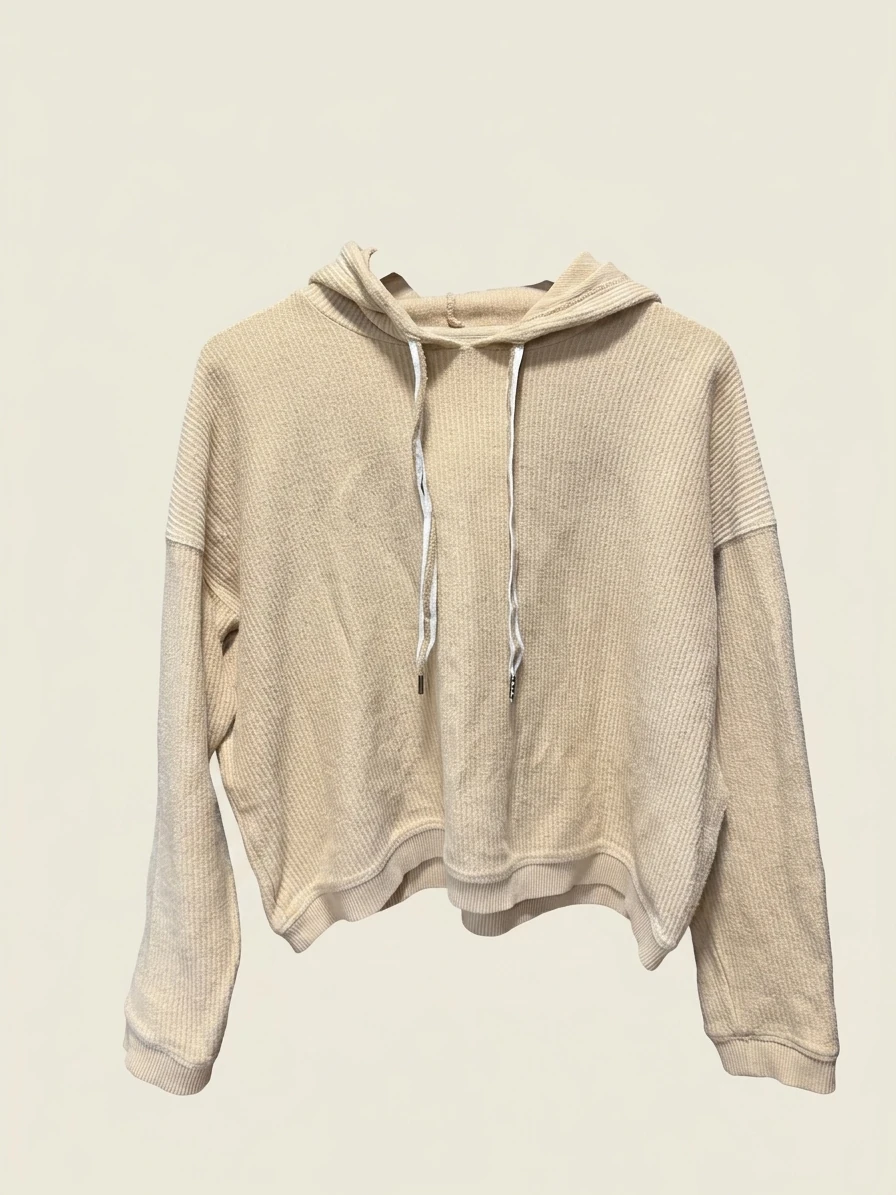 Beige Ribbed Cropped Hoodie